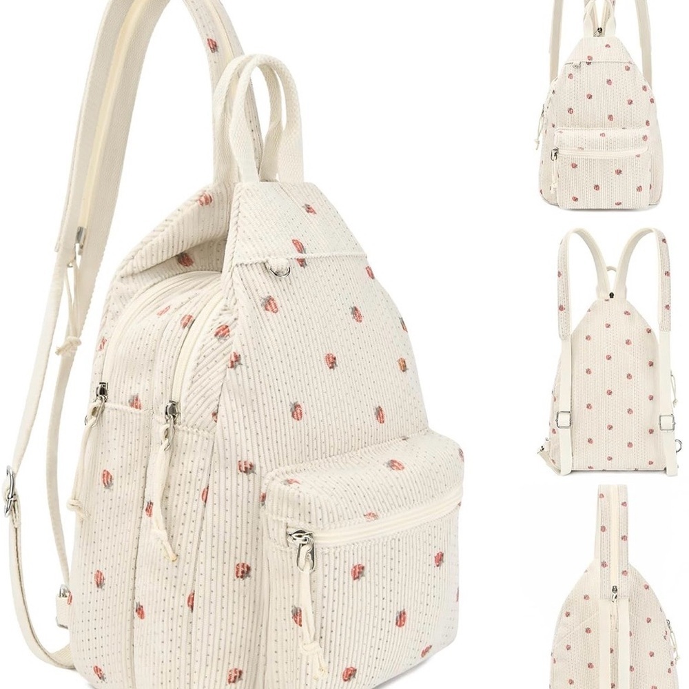 Chic Cream Strawberry Backpack Sling Crossbody Bag Corduroy